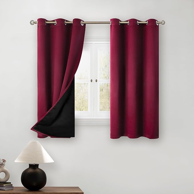 BGment Short 100% Blackout Curtains for Bedroom, Thermal Insulated Lined Energy Efficiency Noise Reducing Grommet Curtains 54 Inch Length for Small Window 2 Panels Each 42 Inch Wide, Burgundy Red by BGment