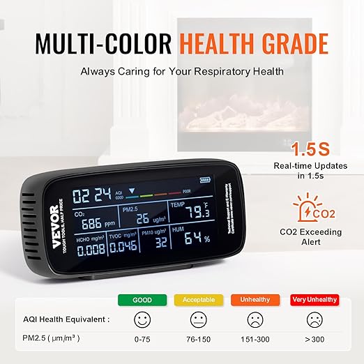 VEVOR Air Quality Monitor 9-in-1, CO2, Temperature, Humidity, Formaldehyde TVOC AQI Tester, Professional PM2.5 PM10 PM1.0 Particle Counter for Indoor/Outdoor, Air Quality Meter w/Alarm Thresholds - Image 3