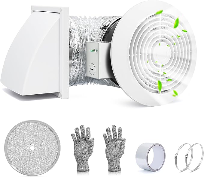 512M 6 Inch Through-the-Wall Exhaust Fan with White Grille, 80 CFM, 4.0 Sone, 16-Inch Retractable Duct, Household Ventilation Fan for Attic, Garage, Kitchen and Bathroom Exhaust Fan, Bathroom Vent Fan by Unknown