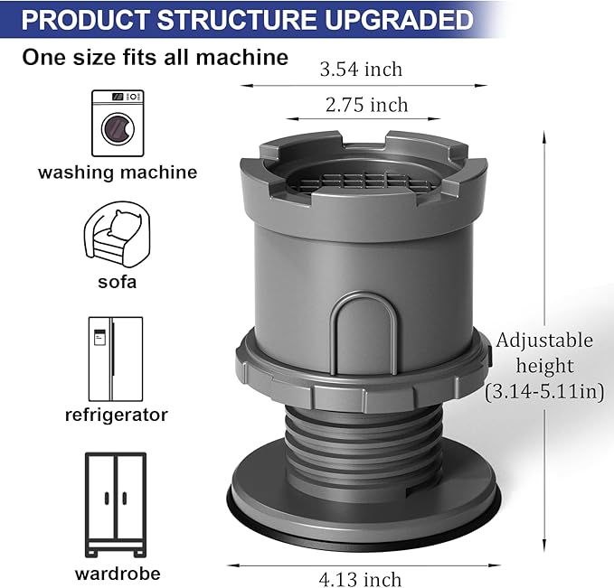 4Pcs Anti Vibration Pads for Washing Machine, Adjustable Height Stops Washer Dryer Moving, Prevents Noise, Vibration Transfer, Antivibration Stabilizer Support Feet with Suction Cup Bottom (Grey) - Image 2