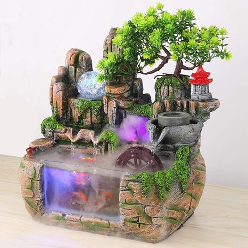 11.81" Creative Desktop Fountain Waterfall Bonsai w/LED Lights & Atomizer Tabletop Decor, Small Fish Tank Rockery Humidifier, Mini Rock Plant Artificial Bonsai Fountain Rockery for Office Home Decor by kunghei