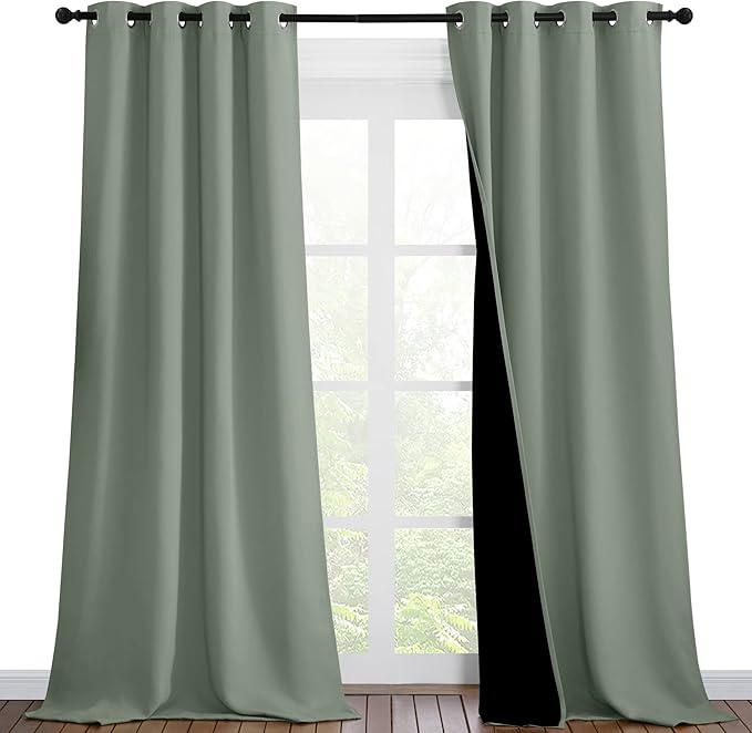 NICETOWN Greyish Green Blackout Curtains 90 inches Long, Full Light Blocking Drapes with Black Liner for Nursery, Thermal Insulated Draperies for Hall, Villa (2 Pieces, 46" Wide Each Panel) by NICETOWN