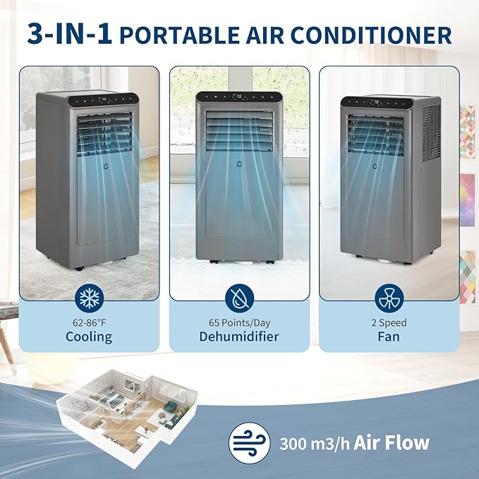 10,000 BTU Portable Air Conditioner with LED Display, 3-in-1 Portable AC Unit with Dehumidifier & Fan for Rooms Up to 450 Sq.Ft, Remote Control, 24h Timer, Easy Install for Bedroom & Home Office - Image 3