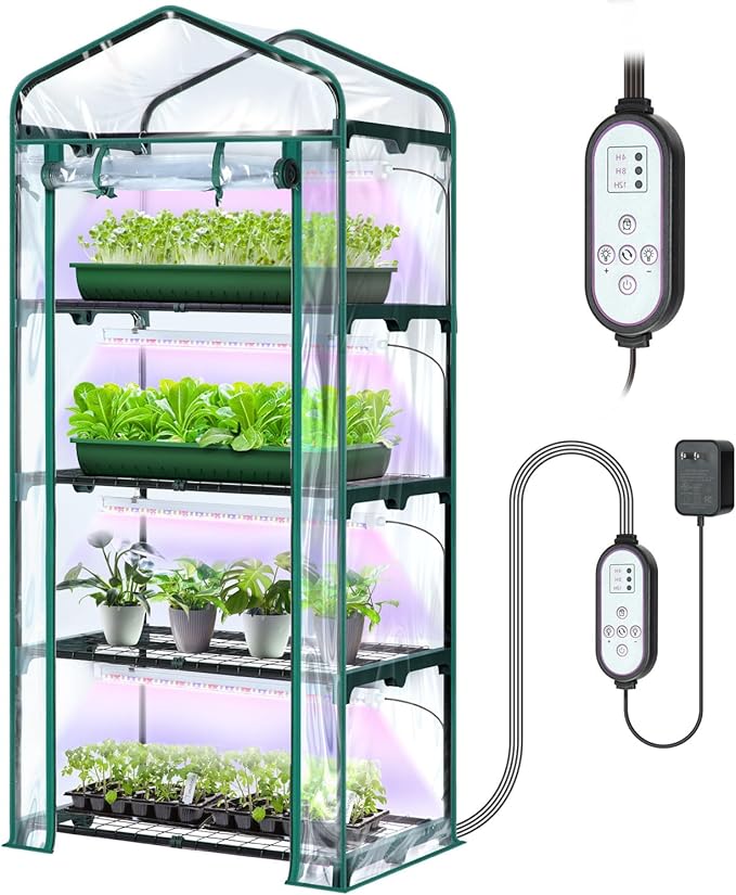 Indoor Greenhouse with Grow Light, Ohuhu 4-Tier Mini Green House for Winter - Full Spectrum Greenhouses for Seed Starting Small Portable Green Houses Waterproof PVC Cover & Adjustable Shelves by Ohuhu