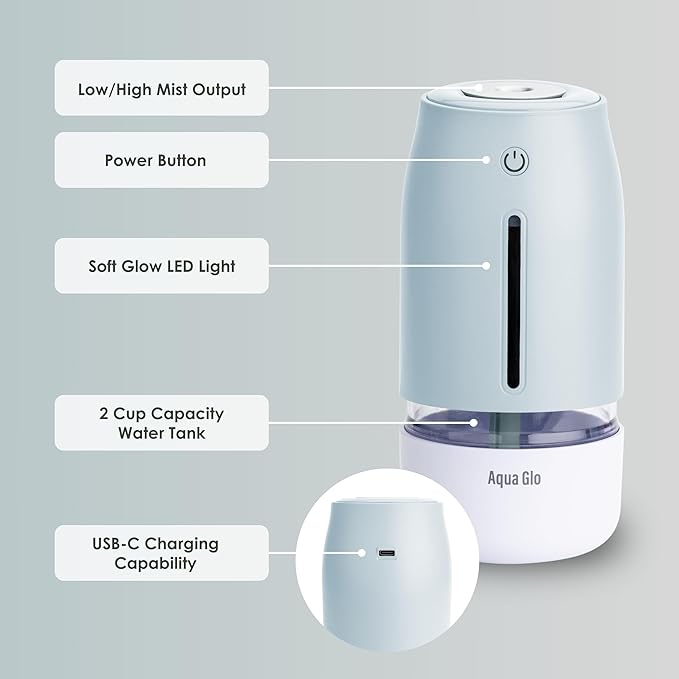 Aqua Glo Personal Humidifier – Ultrasonic Cool Mist, Rechargeable Battery for 15 Hours Use, 2-Cup Water Tank, Quiet Operation. Ideal for Travel, Office, Bedroom, Plants, and Home. Blue Mist - Image 3