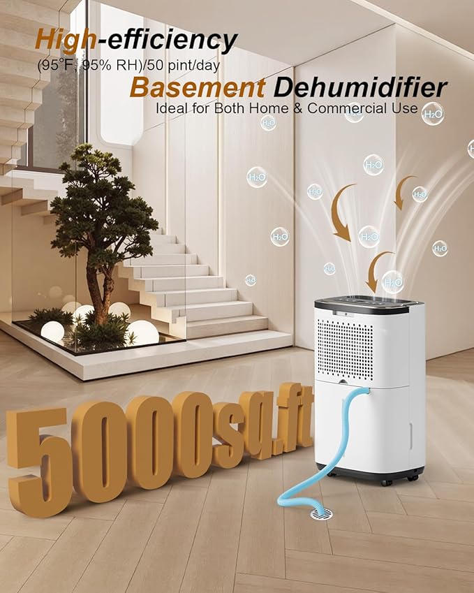 4800 Sq. Ft. Dehumidifier for Basement, 50 Pint Quiet Dehumidifiers for Home with Drain Hose, Smart Humidity Control, 24H Timer & Child Lock, Ideal for Large Rooms, Bathroom, Bedroom, Garage - Image 2