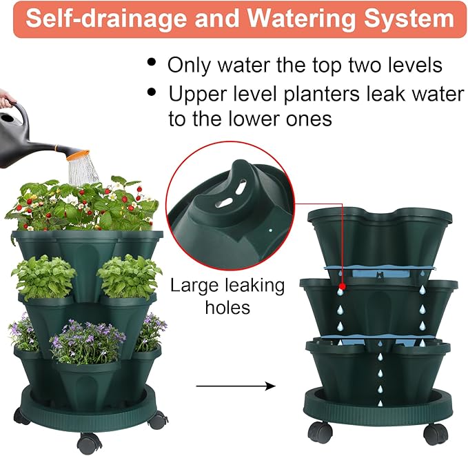 GameXcel Vertical Planter 3 Tier Stackable Planters Garden Planters Strawberry Herb Flower and Vegetable Planter Indoor Outdoor Gardening Pots with Removable Wheels and Tools - Image 4