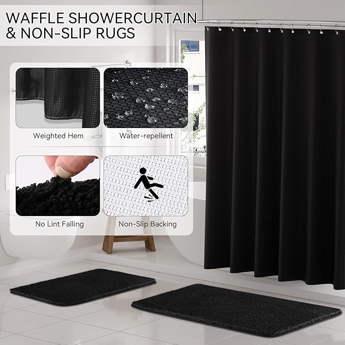 Black Bathroom Set,Black Bathroom Accessories Set with Shower Curtain and Rugs, Bath Towel Set, Natural Loofah Sponge, Soap Dispenser, Toothbrush Holder, Bathroom Tumbler and Tray for Bathroom - Image 4