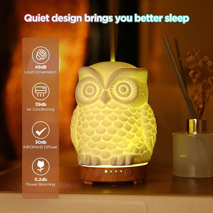 Owl Ceramic Aromatherapy Diffuser INRORANS 160ml Stone ultrasonic Cool Mist Scent Essential Oil Diffuser Humidifier with Intermittent Mist & LED 7 Colors Changing Night Light for Bedroom Office Home - Image 4