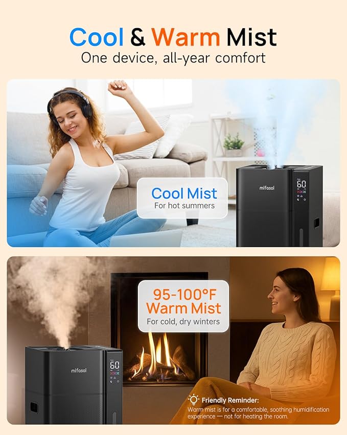 Mifasol Humidifier Large Room, 5.3Gal/20L Warm & Cool Mist Humidifiers for Home 1500 sq ft, Whole House Humidifier, Humidifiers for Bedroom Home Plants Office Large Areas, Black - Image 2