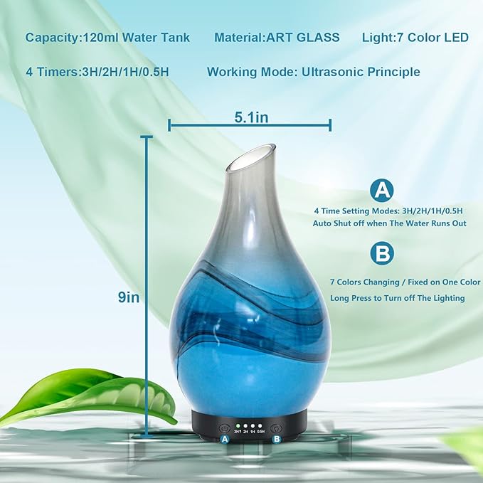 MAXWINER Essential Oil Diffusers Handmade Art Glass Ultrasonic Aromatherapy Diffusers with 7 Colors Lights Changing, Waterless Auto Shut-Off, Time Setting for Home, Office, Room 120ml - Image 6