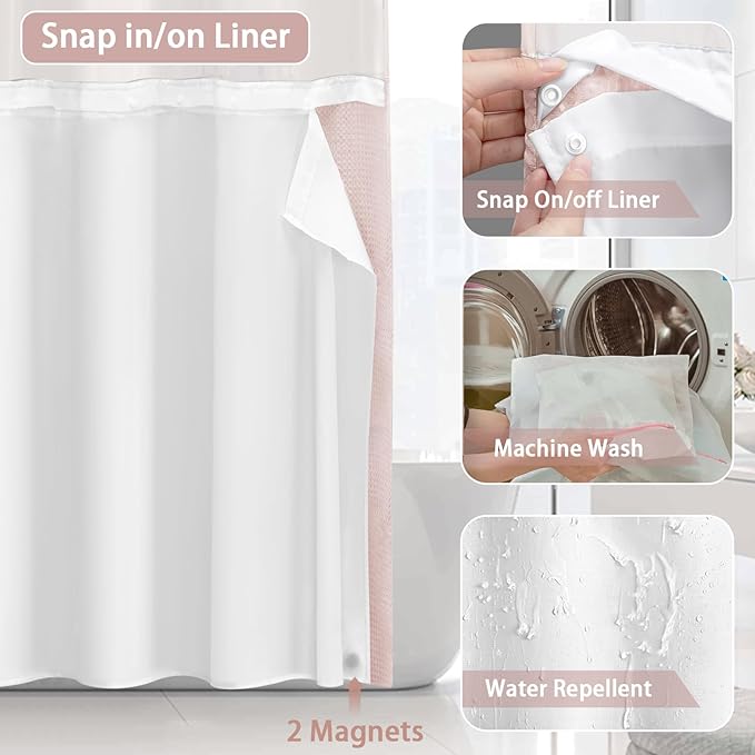 No Hook Shower Curtain and Liner Set,Blush Pink Hotel Waffle Shower Curtain with Liner 75" L x 72" W - Image 4