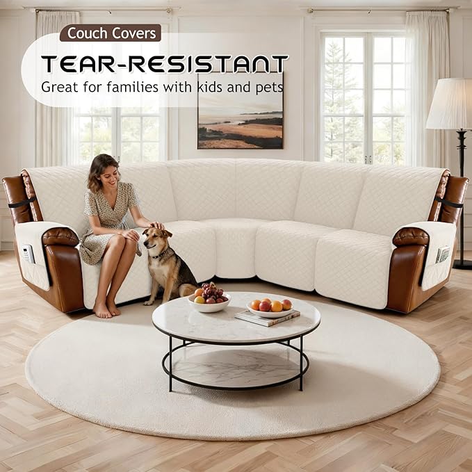 Arfntevss Waterproof Recliner Sectional Couch Covers for Reclining Sectional L Shape Sofa Cover Non Slip Washable Recliner L Shaped Slipcover Sets for Dog Furniture Protector (5 Seater, Light Beige) - Image 7