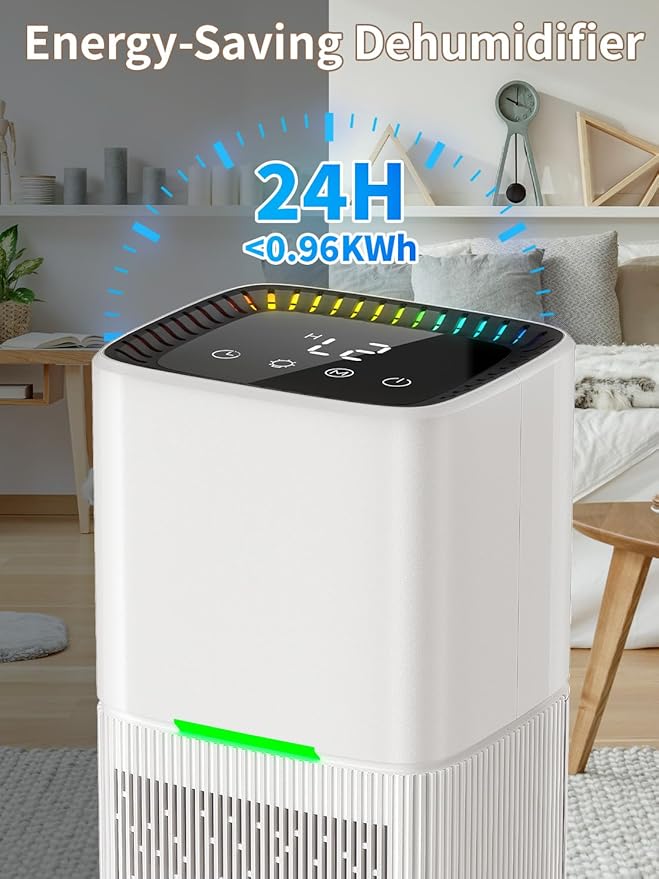 Dehumidifier, 60 OZ Water Tank, Dehumidifiers for Home, 500 sq. ft. Dehumidifier for Basement Bathroom Bedroom with Auto Shut Off, 7 Colors LED Light, Quiet Dehumidifiers with Sleep Mode (White) - Image 6