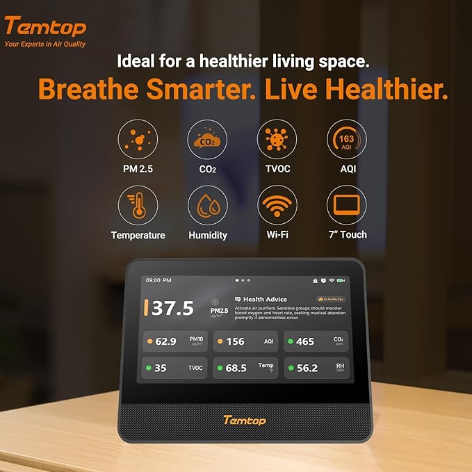 Temtop M100 2nd Gen Air Quality Monitor for Indoor Air, 7-Inch Touch Screen, Real-Time Tester for PM2.5, CO2, TVOC, Temp & Humidity, WiFi App & Multi-Room Monitoring with Smart Insights - Image 2
