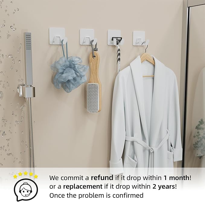 Adhesive Shower Hooks for Inside - Extra Sticky Stainless, Razor Holder Shower Accessories, Wall Mounted Self-Adhesive Double Hooks for Razor, Loofah, Towel, Shaver, Coat, Key, White, 4 Pack - Image 7
