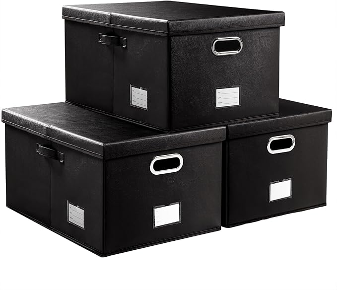 PRANDOM Collapsible Storage Box with Lid [3-Pack] Leather Fabric Foldable Storage Bin Organizer Container Basket Cube with Cover for Home Bedroom Closet Office Nursery Black(22.8X15.7X11.8) by Prandom
