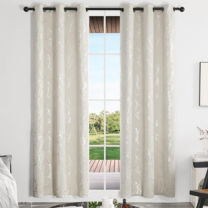 Deconovo Beige Blackout Curtains, Boho Farmhouse Curtain, Thermal Insulated Soundproof Drapes, Silver Branch Print, 42 x 84 Inch Long, Machine Washable Window Panels for Living Room Bedroom, Set of 2 - Image 2