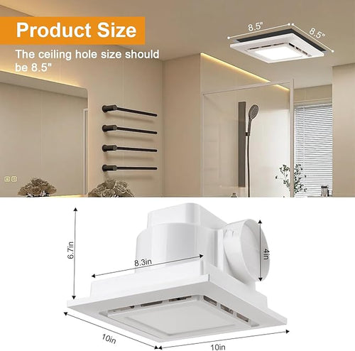 10" Ultra Quiet Bathroom Exhaust Fan with 6500K LED Light, 1.0 Sone 145 CFM, 8.3x8.3 Mount, 1500 LM Ceiling Ventilation Fan - Image 2