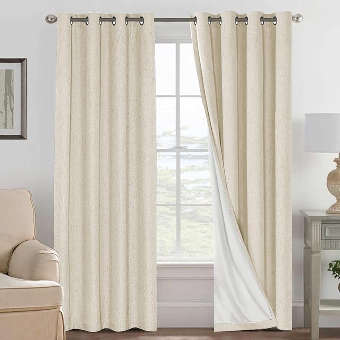 H.VERSAILTEX Linen Curtains 100% Blackout Curtains for Bedroom 90 inch Long Full Light Blocking Nature Linen Blended Window Curtains for Living Room Nickel Grommet (2 Panels, Bleached Sand) by HVERSAILTEX