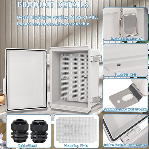 Zulkit Junction Box,IP67 Waterproof Electrical Box Hinged Cover Stainless Steel Latch Plastic Enclosure for Project with Mounting Plate Wall Bracket and 2 Cable Gland Grey 8.7"x6.7"x4.3"/220x170x110mm - Image 4