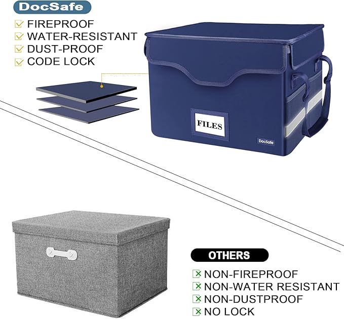 DocSafe Fireproof Document Box with Lock, File Storage Organizer with Mesh Pockets, Collapsible Portable File Box Home Office Safe Filing Cabinet with Handle for Hanging Letter/Legal Folder, Blue - Image 6