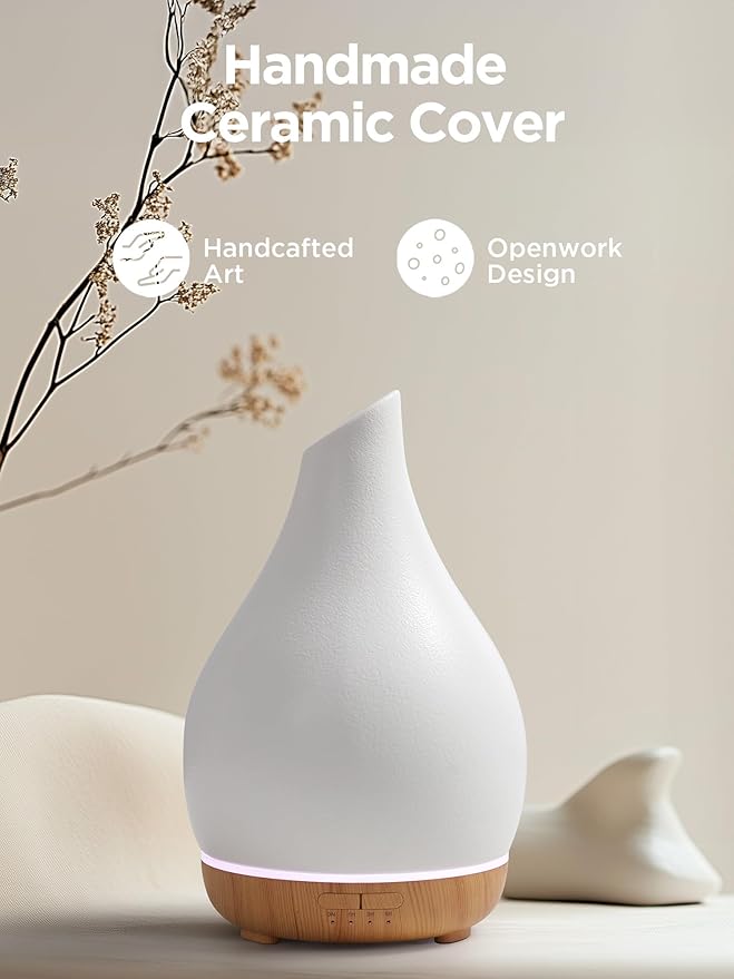 InnoGear Essential Oil Diffuser, 300ml Ceramic Diffuser for Home Handcrafted Stone Aromatherapy Diffusers Ultrasonic Cool Mist Humidifier Vaporizer 4 Timers, White Vase-Shaped Ceramic, Large - Image 6
