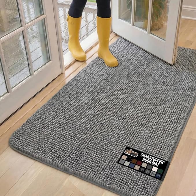 GORILLA GRIP SOAKSTOPPER Dog Door Mat, 60x36 Machine Washable Rug Absorbent Doormat Captures Moisture Mud Dirt, Quick Dry Soft Chenille Entryway Rugs Indoor Entrance Mats for Dog Paws, Grey by GorillaGrip