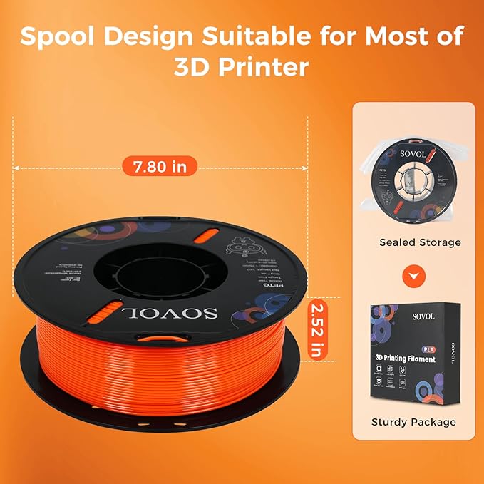 Sovol 3D Printer PETG Filament 1.75mm 1KG (2.2lbs), High Precision, Strong Toughness, Wiring Tightness, Dimensional Accuracy +/- 0.03 mm, 3D Printing PETG Filaments, Orange - Image 8