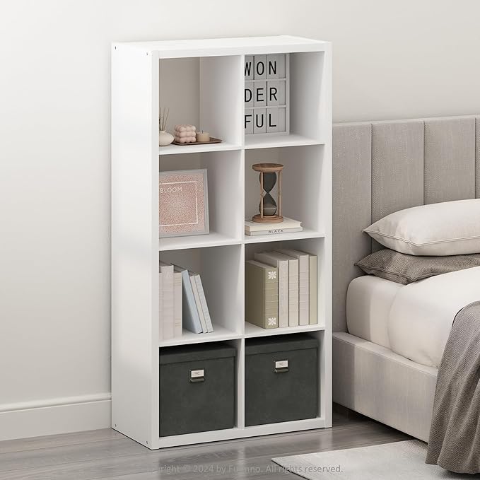 Furinno Simple Cube Storage Organizer, 8-Cube Display Shelf, Open Back Shelving Unit, Storage Shelves, Extra Thick Frame, for Organization and Storage, Living Room, Home Office, White by Furinno-FitsYourSpaceFitsYourBudget