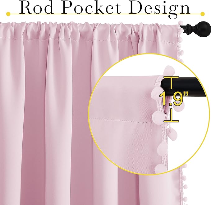 NICETOWN Pom Pom Blackout Curtains for Girls Bedroom Boho Pink Window Curtains for Nursery Rod Pocket Thermal Insulated Living Room Darkening Curtain Panels for Play Room, 52" W x 84" L, 2 Panels - Image 3