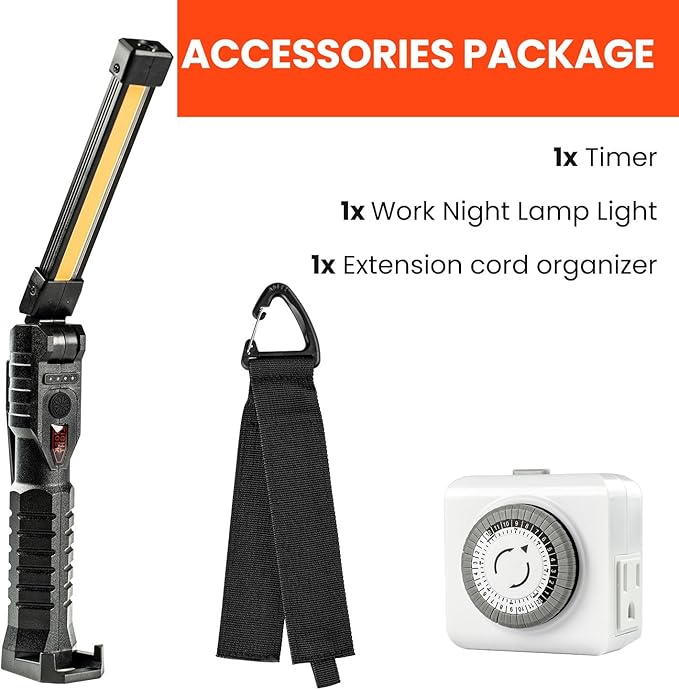 Abestorm Accessories Package. 180° Rotate LED Worklight, Extension Cord Holder Organizer for garage organization and storage, and 24-hour Mechanical Outlet Timer. - Image 2