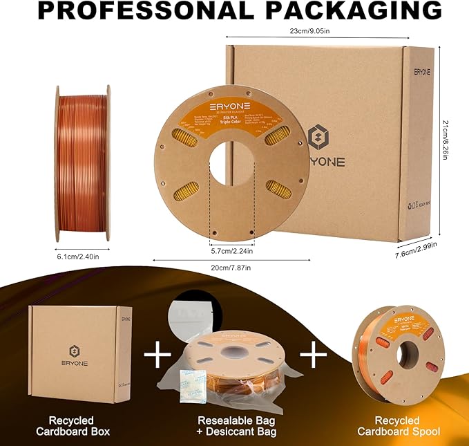 ERYONE Silk Tri Color PLA Filament 3D Printer 1.75mm +/- 0.03mm, Multicolor Filament Tricolor PLA 1KG(2.2lbs) Cardboard Spool, Orange Blue Green - Image 6