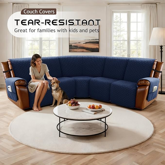 Arfntevss Waterproof Recliner Sectional Couch Covers for Reclining Sectional L Shape Sofa Cover Non Slip Washable Recliner L Shaped Slipcover Sets for Dog Furniture Protector (5 Seater, Navy Blue) - Image 7