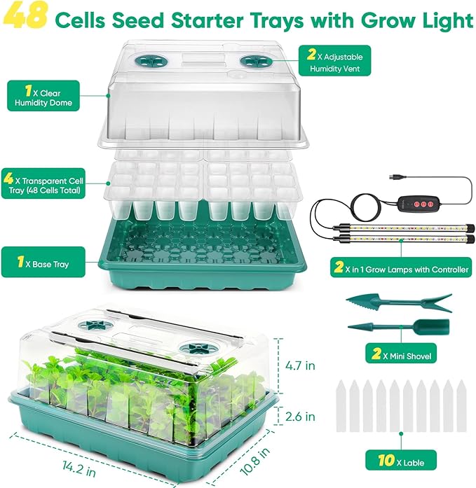 48 Cells Seed Starter Tray with Grow Light, Seed Starter Kit with Adjustable Humidity Dome, Seed Starting Trays Plant Starter Kit for Seeds Growing Starting, Indoor Gardening, Greenhouse - Image 3