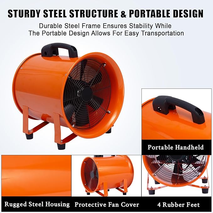 12 in Utility Blower Exhaust Fan with 32.8 ft Duct, 3500 r/min & 3500 CFM Heavy Duty Blower Fan, High Velocity Low Noise Extraction and Ventilation Fan for Ventilating Workshops, Confined Space - Image 4