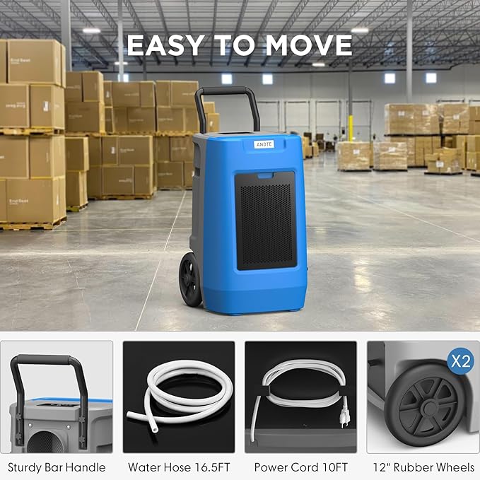 Andte 190 Pints Commercial Dehumidifier with Pump for 3,000 Sq. Ft. - Industrial-Grade Moisture Removal for Basements, Garages & Water Damage Restoration - Image 3