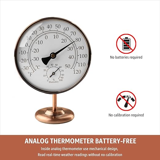 4-Inch Indoor Thermometer and Humidity Gauge, Room Analog Temperature and Humidity Monitor, Dual Scale Display, Brass Dial with Stand, Battery-Free for House, Home, Desk, Bedroom, Garage, RV - Image 7