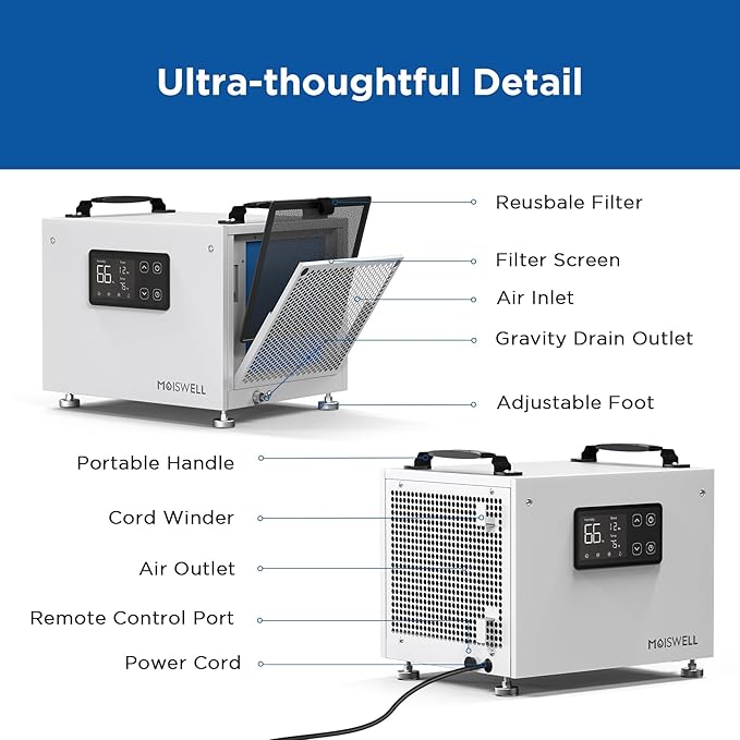 70 Pints Commercial Dehumidifier, Portable Crawl Space Dehumidifier for Basement Energy Star Certified Compact Dehumidifiers for Home with Drain Hose, Auto Defrost, Timer - Image 6