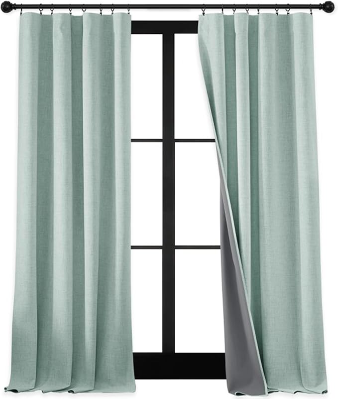 RYB HOME 100% Blackout Linen Textured Curtains 90 inches Long, Thermal Insulating Privacy Energy Saving for Bedroom Living Room Window Office Theater Baby Nursery, W 52 x L 90 in, Aqua, 2 Panels by RYBHOME