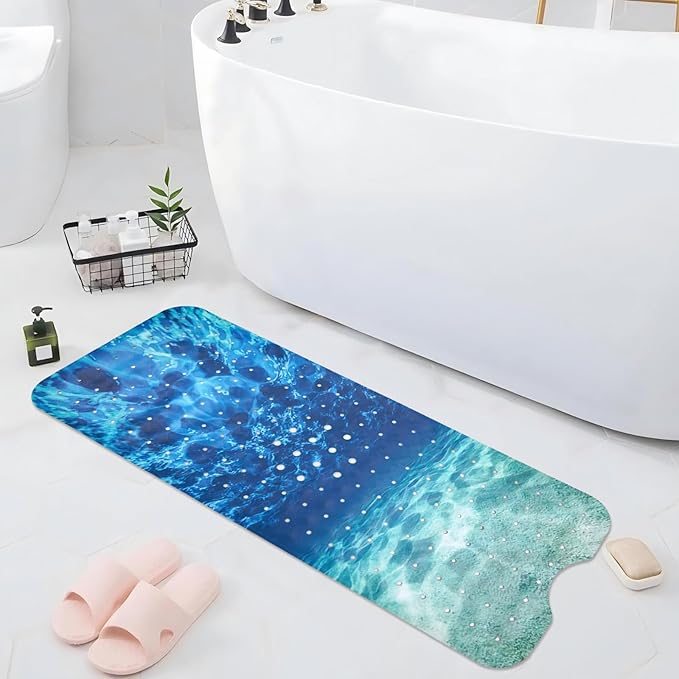 Seawater Bathtub Mat Non Slip, Ocean Waves Bath Tub Mat Baby Bath Mats for Bathroom Anti Slip Shower Mats for Inside Shower, Underwater Bathmat with Suction and Drain Holes Machine Washable, 40″x16″ - Image 7