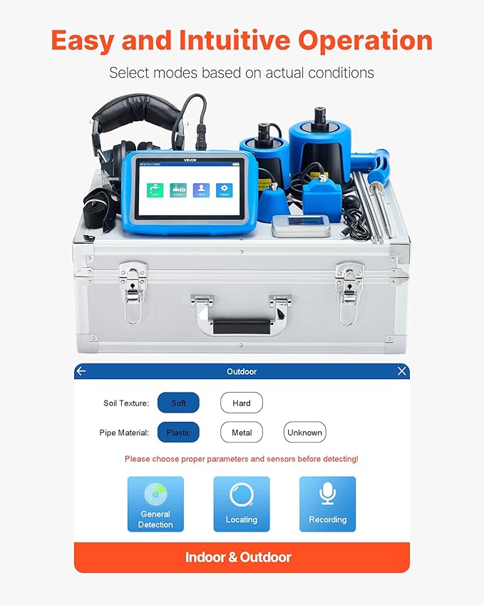 VEVOR Pipe Water Leak Detector with 4 Sensors, 1Hz-10000Hz, 7" Touchscreen Underground Plumbing Leakage Detection Locator with 3 Listening Rods, Headphones, 8GB Card & Carry Case for Indoors Outdoors - Image 5