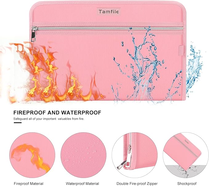 Fireproof Safe Accordion File Organizer Bag Folder,Waterproof Expanding Filing Folder with 14 Pockets, A4 Letter Size, Document Organizer Holder and Color Labels /2 Zipper (Pink 14.3" x 9.8") - Image 2