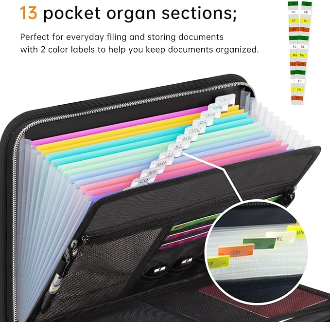 Tamfile Fireproof Accordion File Organizer with Handle, 13 Pocket Transparent Expanding File Folder with Zipper & Labels, File Folder with Multi-Pockets Paper Organizer Folder for Letter A4 Files - Image 9