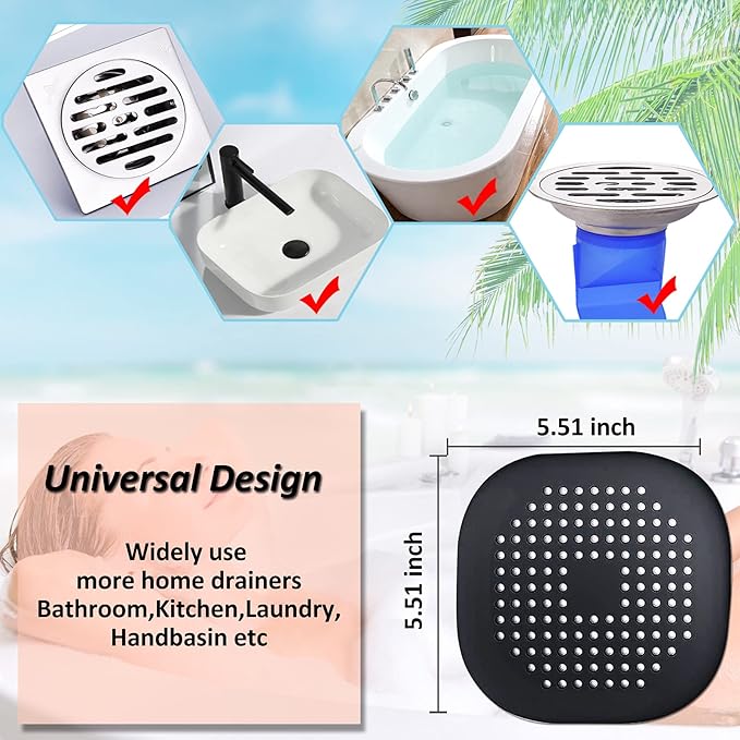 Hair Drain Catcher,Square Drain Cover for Shower Silicone Hair Stopper with Suction Cup,Easy to Install Suit for Bathroom,Bathtub,Kitchen 2 Pack (Ivory White Black) - Image 3