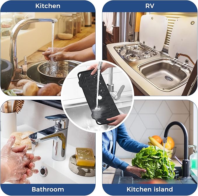 Silicone Faucet Handle Drip Catcher Tray Mat, Silicone Faucet Mat, Dish Soap Sponge Holder for Kitchen Sink Accessories, Drying Mat for Kitchen Counter & Bathroom Kitchen Sink Splash Guard (Black) - Image 7