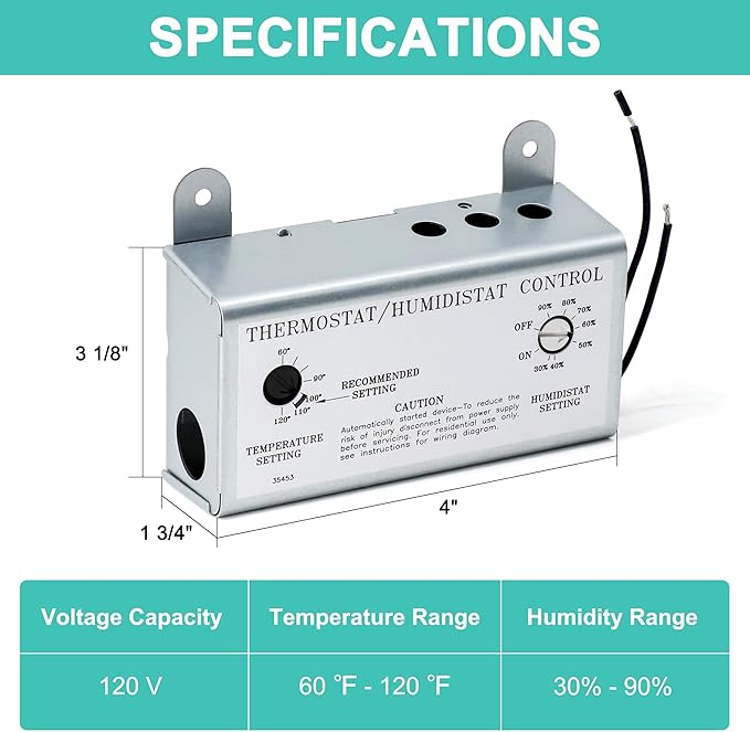 Attic Fan Thermostat and Humidistat, Adjustable Temperature and Humidity Controller 120V Thermostat Replacement for Power Attic Ventilators, Greenhouse Fan and Exhaust Fan - Image 2