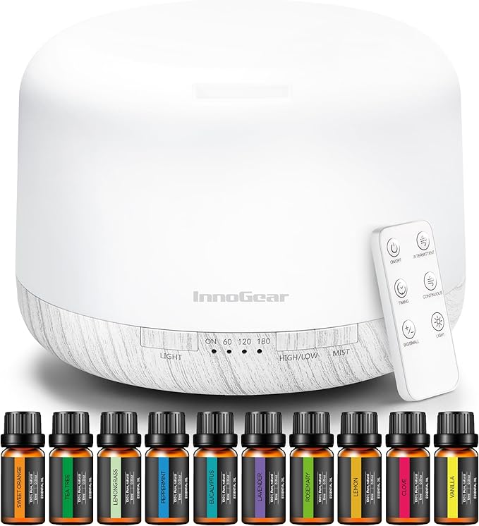 InnoGear Aromatherapy Diffuser & 10 Essential Oils Set, 500ml Essential Oil Diffuser with Remote Control Ultrasonic Cool Mist Scent Humidifier Vaporizer Auto-Off Timer for Valentine's Gift, White by InnoGear