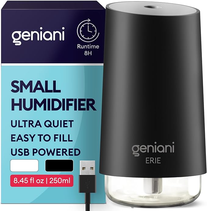GENIANI Portable Small Cool Mist Humidifier – USB Powered (Not Rechargeable), Compact Desktop Humidifier for Plants, Office, Baby Room – Auto Shut Off & Night Light – Black, 0.25L by GENIANI
