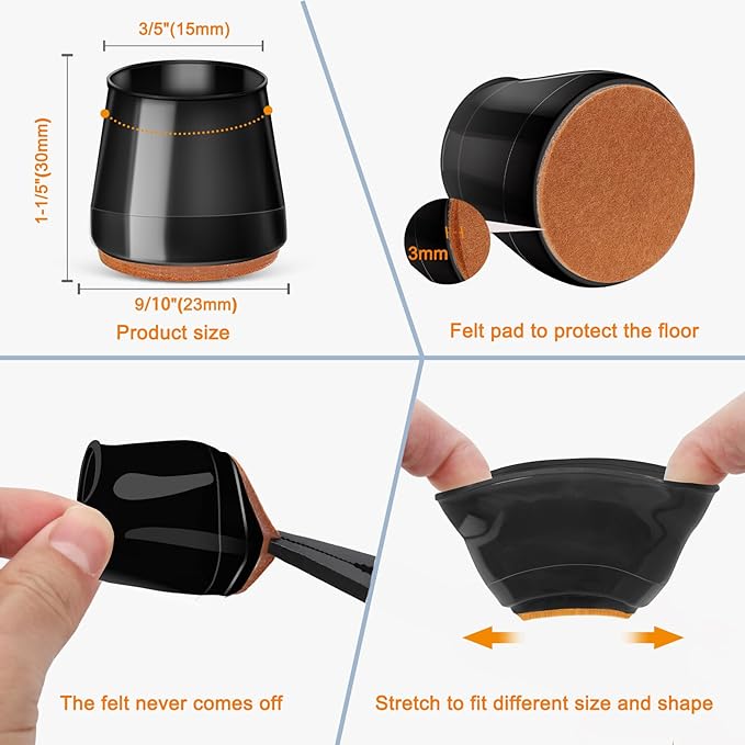 24Pcs Black Silicone Chair Leg Floor Protectors,Floor Protectors for Chairs,Rubber Chair Leg Protectors for Hardwood Floors,Chair Leg Caps Chair Leg Covers for Wooden Floors(Black, XSmall) - Image 5